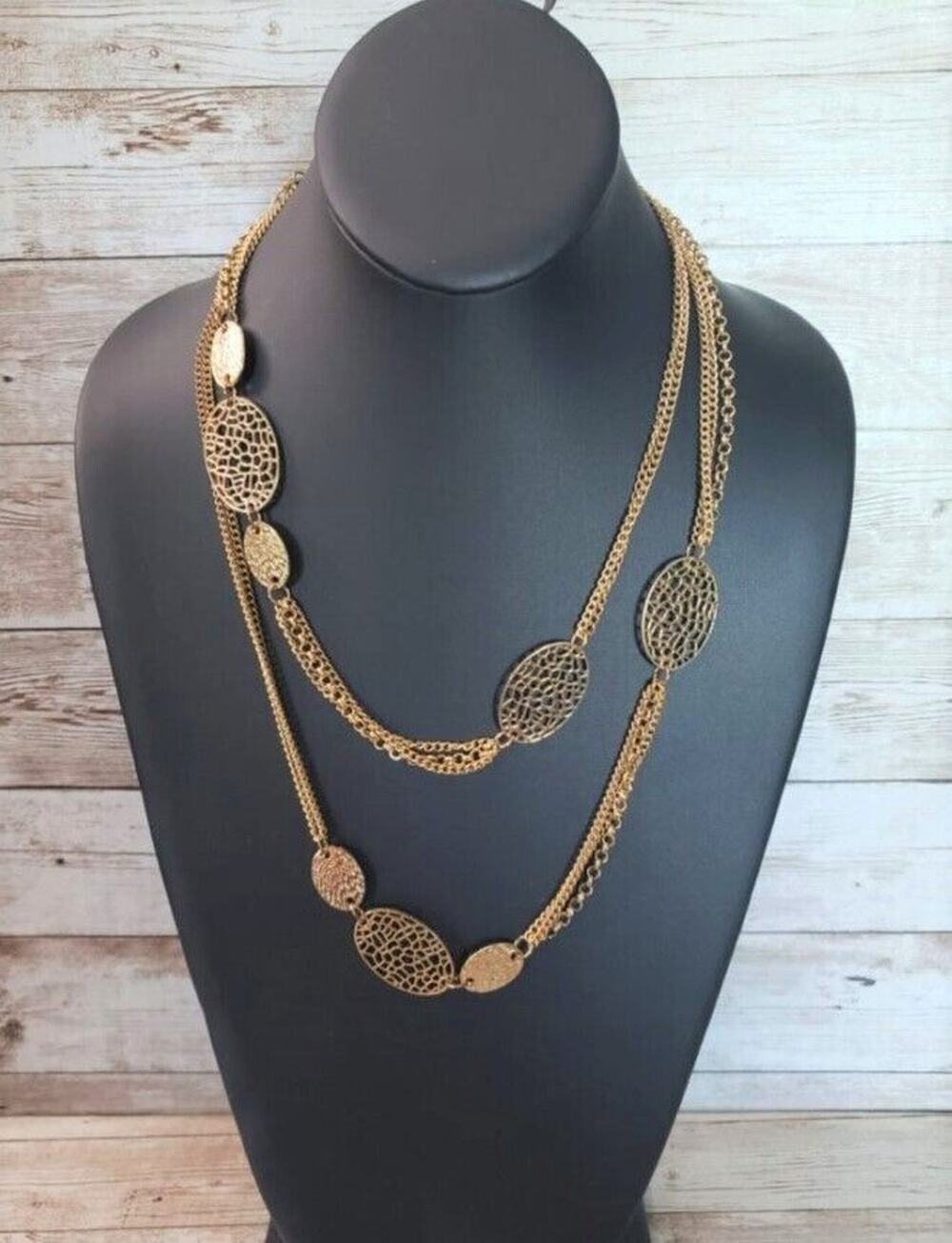Vintage Necklace - Long Layered Necklace Gold Tone with Oval Detail
